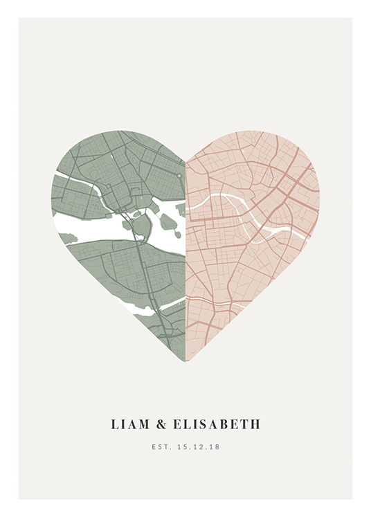  – Sydämen muotoinen vihreä ja vaaleanpunainen kaupunkikartta vaaleanharmaalla taustalla ja tekstillä alareunassa