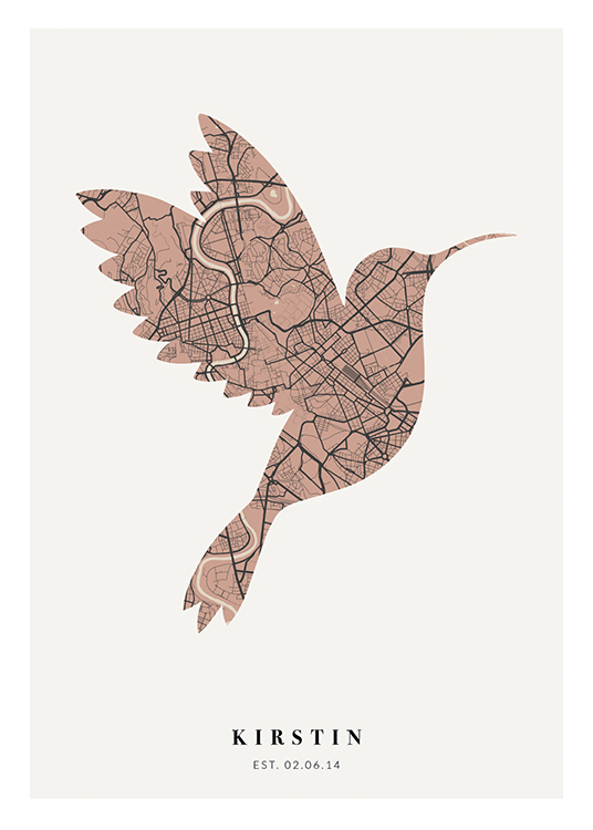  – Vaaleanpunainen ja tummanharmaa linnun muotoinen kaupunkikartta tekstillä alareunassa