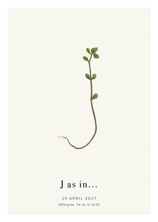  – J-kirjaimen muodostava pieni kasvi tekstillä alareunassa