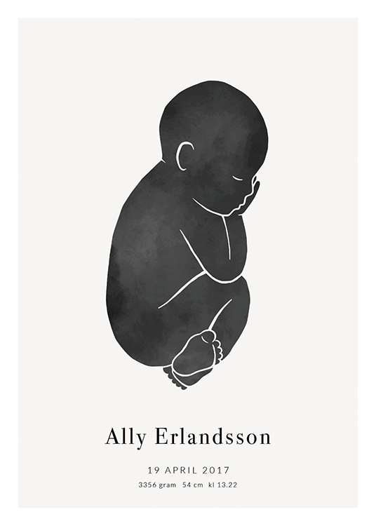  – Musta vauva vaaleanharmaalla taustalla ja tekstillä alareunassa