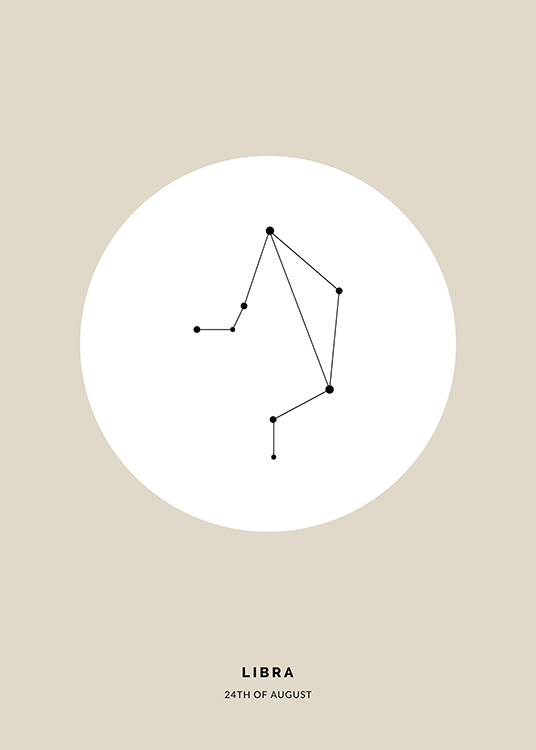  – Piirros mustasta Vaaka-tähtimerkistä valkoisessa ympyrässä beigellä taustalla