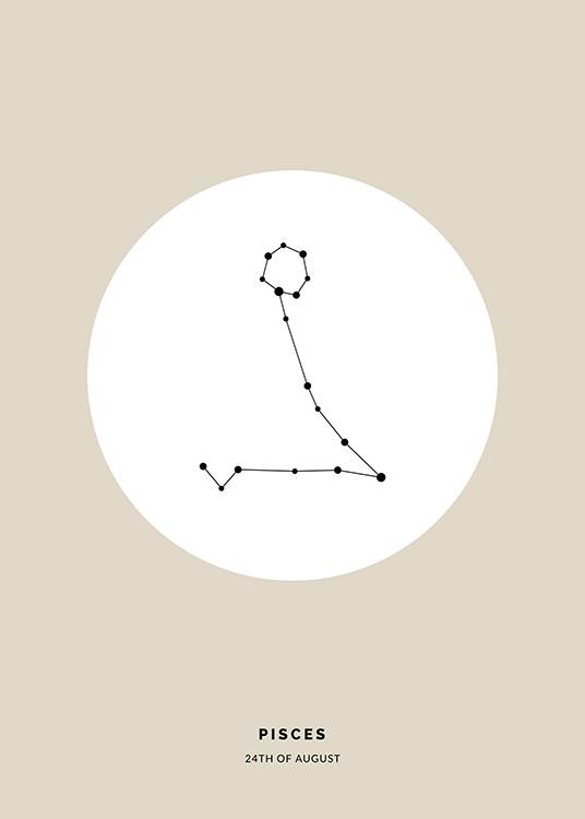  – Piirros mustasta Kalat-tähtimerkistä valkoisessa ympyrässä beigellä taustalla