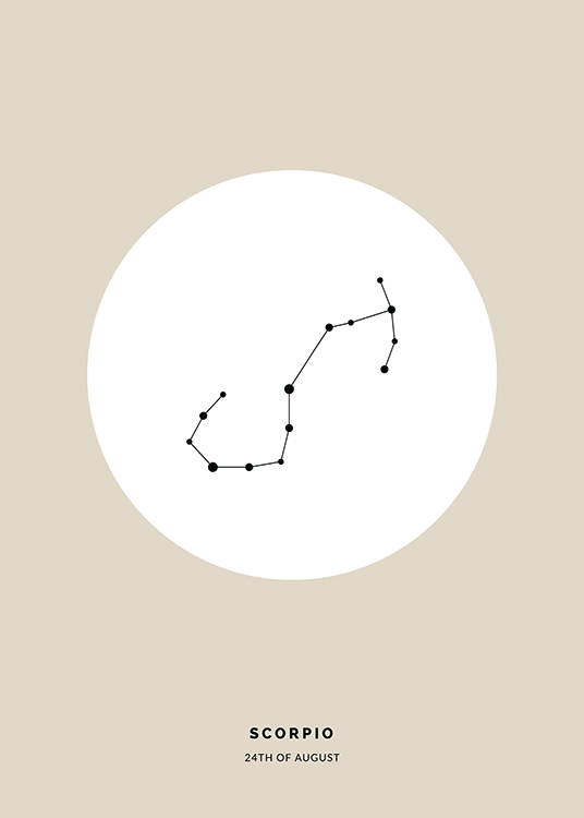  – Piirros mustasta Skorpioni-tähtimerkistä valkoisessa ympyrässä beigellä taustalla
