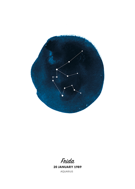  – Piirros Vesimies-tähtimerkistä sinisellä maalatussa akvarelliympyrässä
