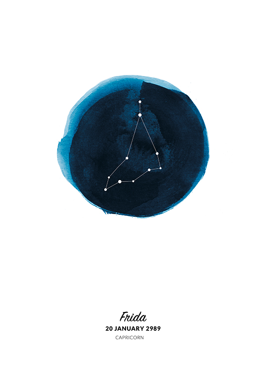  – Piirros Kauris-tähtimerkistä sinisellä maalatussa akvarelliympyrässä