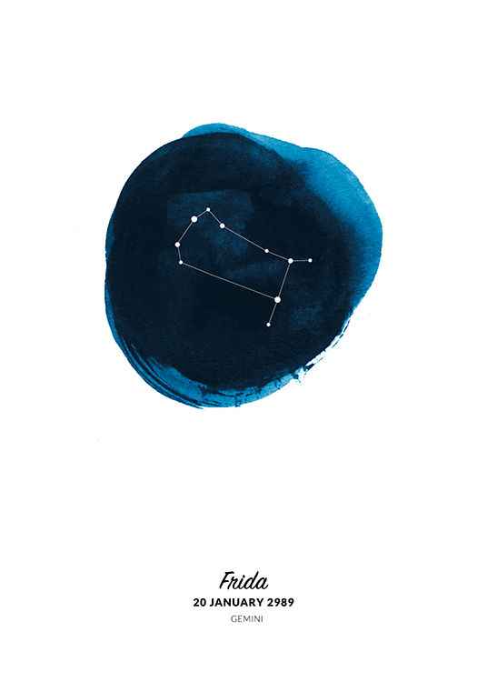  – Piirros Kaksoset-tähtimerkistä sinisellä maalatussa akvarelliympyrässä