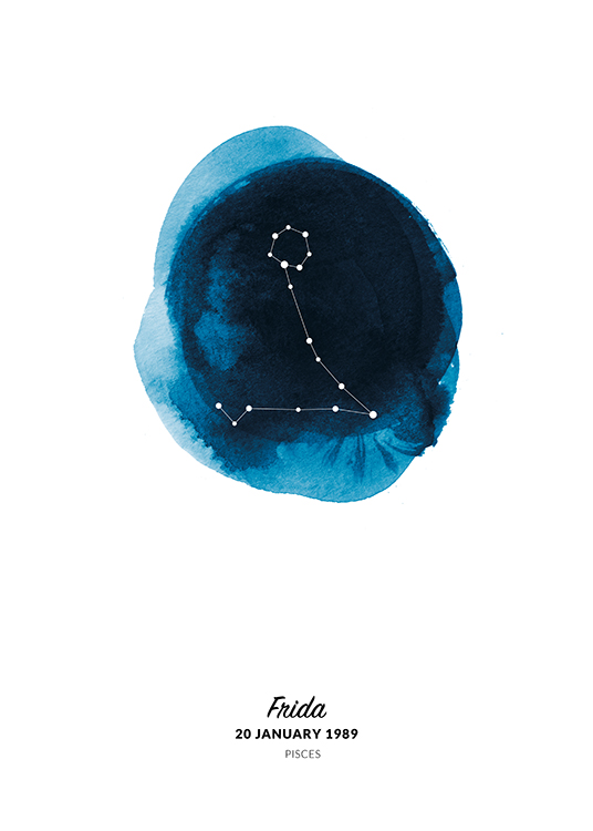  – Piirros Kalat-tähtimerkistä sinisellä maalatussa akvarelliympyrässä