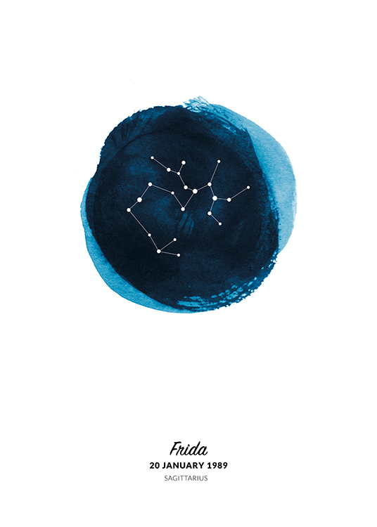  – Piirros Jousimies-tähtimerkistä sinisellä maalatussa akvarelliympyrässä