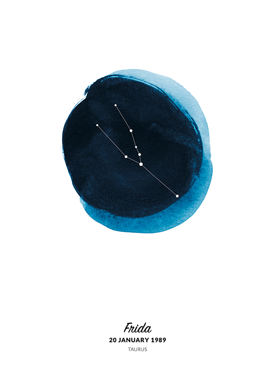  – Piirros Härkä-tähtimerkistä sinisellä maalatussa akvarelliympyrässä