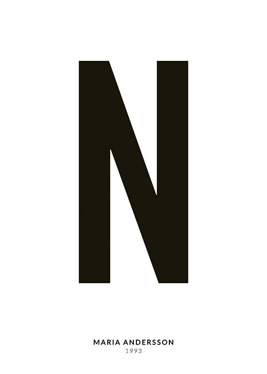 – Minimalistinen tekstijuliste, jossa N-kirjain ja pienempi teksti sen alapuolella valkoisella taustalla