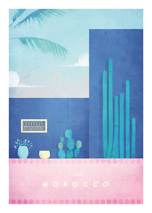 – Kuva vaaleanpunaisesta ja sinisestä rakennuksesta, jonka edustalla on kasveja ja kaktuksia